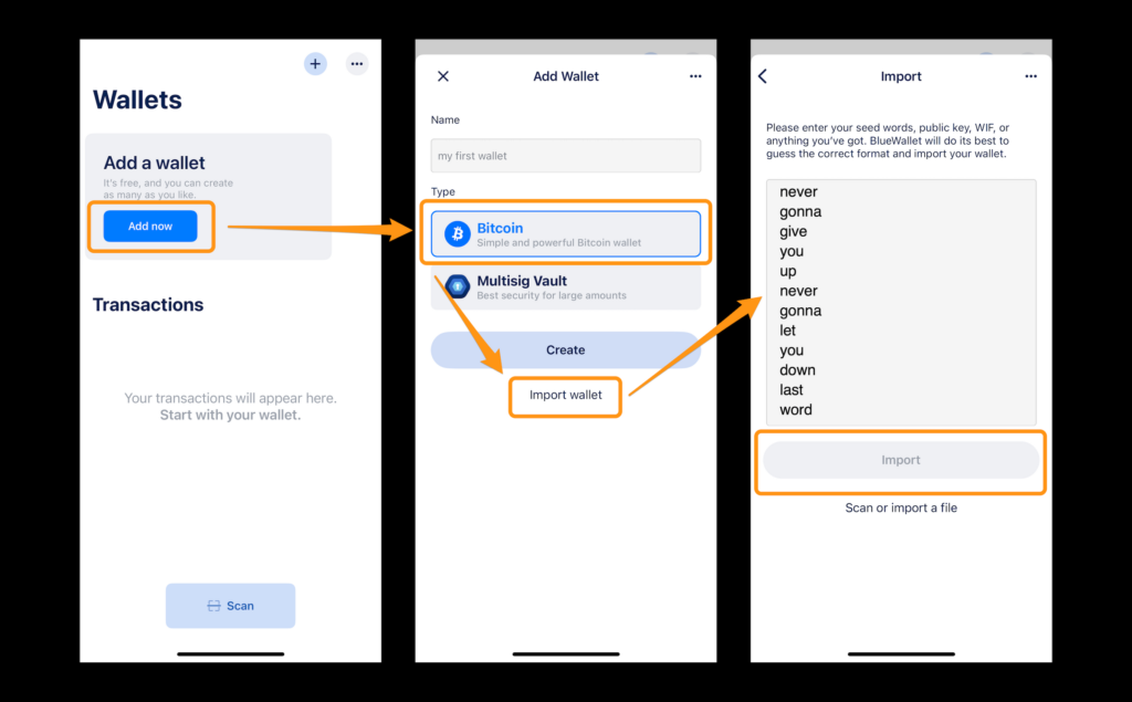 Importing a bitcoin wallet into Blue Wallet.